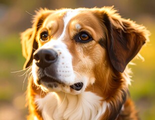 Close-up of a dog's head, warmly lit by sunlight