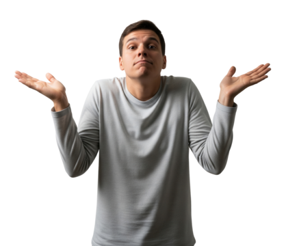 Young man shrugs with raised hands and a confused, puzzled expression. Isolated transparent background ( cut-out PNG file ).