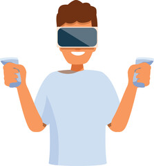 Young man wearing vr headset and holding controllers, experiencing immersive virtual reality gaming