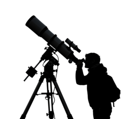 A dark silhouette of a person looking through a large telescope on a tripod. Isolated transparent background ( cut-out PNG file ).