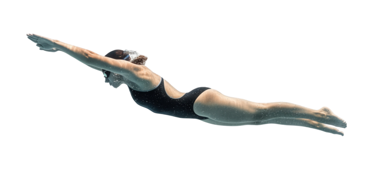 A powerful female swimmer gliding underwater in a black swimsuit and goggles. Isolated transparent background ( cut-out PNG file ).