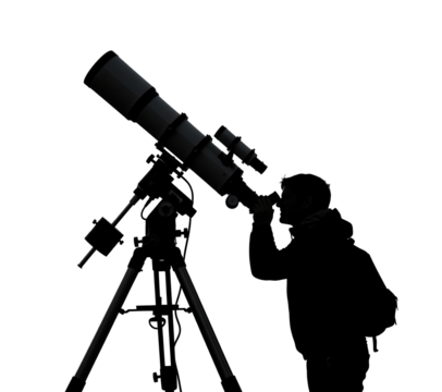 A dark silhouette of a person looking through a large telescope on a tripod. Isolated transparent background ( cut-out PNG file ).