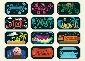 Twelve months of the year names. From January to December typography sticker vector design. Unique seasonal and natural decorative elements. Perfect for educational materials, calendars, poster.