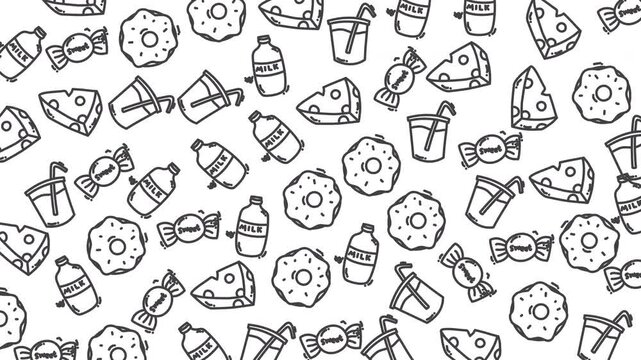 Doodle food pattern with milk, doughnuts, candy, cheese, beverages. Perfect for backgrounds, stationery, packaging design, and kitchenrelated projects.