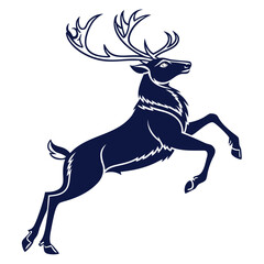 Dark blue reindeer silhouette jumping against white background
