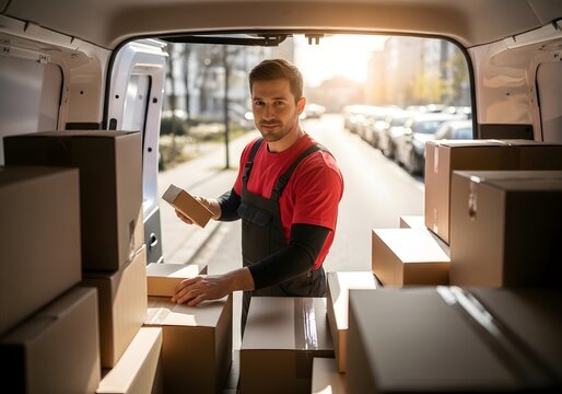 Delivery worker organizing packages in van on sunny day for efficient logistics and transportation