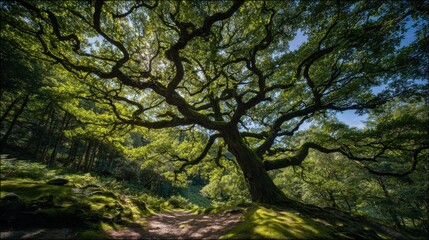 Majestic ancient oak tree with sprawling branches in a lush green forest