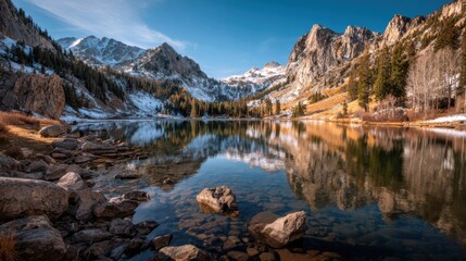Mirror lake reflects majestic snow capped mountains under clear blue sky
