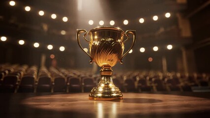 Golden trophy shines on wooden podium, bathed in soft stage lights within theater, creating atmosphere of celebration and victory, perfect for honoring remarkable achievements