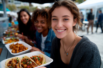Women friends enjoying tacos at a street food festival