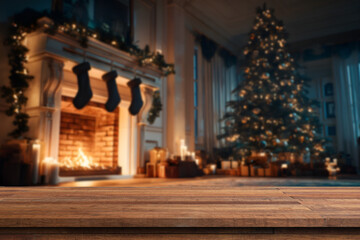 Wooden table with Christmas or new year background