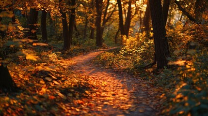 Sunlit forest path covered in vibrant autumn leaves during golden hour