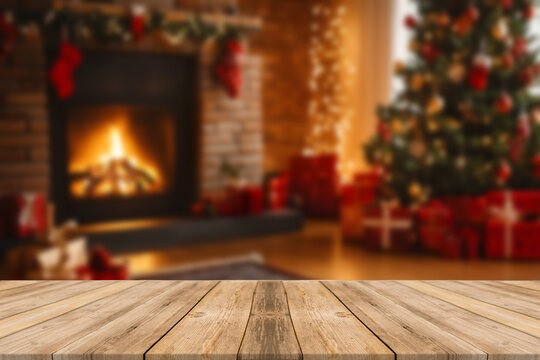 Christmas Tree With Illumination Near the Fireplace. Home Decor