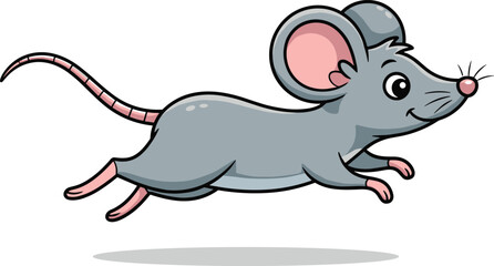 Cute Cartoon Mouse Jumping in Air with Pink Ears and Tail, Happy Expression, Shadow Below, Isolated on White Background for Kids Design