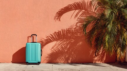 Turquoise suitcase casts a shadow against a textured peach wall with palm fronds