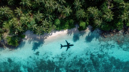 Airplane shadow casts over clear turquoise water near tropical island