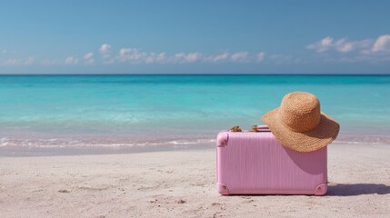 Pink suitcase and straw hat on a sandy beach with turquoise ocean