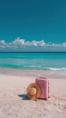 Pink suitcase and straw hat on a sandy beach by the turquoise ocean