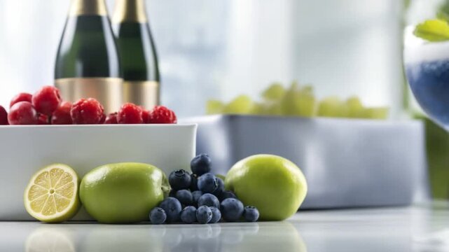 Fresh Fruit Feast: A delightful still life featuring vibrant green apples, juicy blueberries, succulent raspberries, crisp grapes, and a zesty lemon.