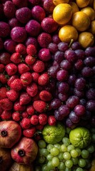 Vibrant display of fresh red grapes purple grapes green grapes and pomegranates