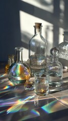Glass bottles illuminated by rainbow light refraction and shadow patterns
