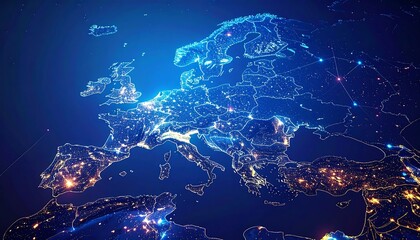 Europe's illuminated borders.  A digital map of Europe, highlighted by the glow of cities.  Detailed outlines of countries and illuminated urban areas.  A dark blue background enhances the light