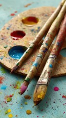Artist s paint palette and brushes with vibrant colors splattered