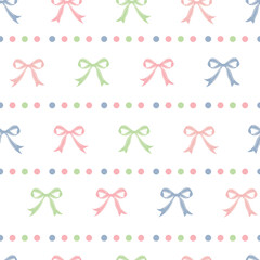 Cute coquette vector seamless pattern pink ribbon bow background. Pink green white preppy feminine romantic backdrop for textile, fabric, wallpaper, wrapping. Geometric repeat baby girl shower