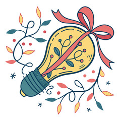 Festive light bulb with ribbon and foliage on white background