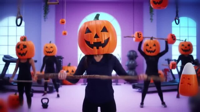 silly gym choreography with pumpkin headed exercisers performing comical lifts on broomstick bars and candy corn dumbbells under pastel lights and playful music