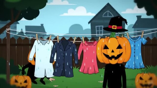 humorous backyard scene of costume drying chaos, pumpkin characters pegging outfits and a surprise head on the line during a distant storm rumble