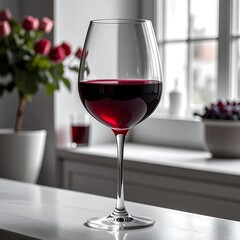 Elegant red wine glass on a countertop, near a window with flowers