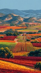 Vibrant autumn vineyard landscape with rolling hills and colorful foliage