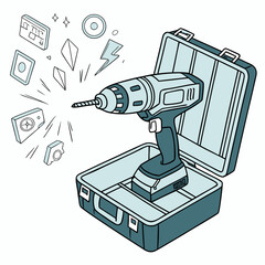 Futuristic drill and tools in open case toolbox technology