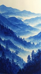 Misty blue mountain range layers at sunrise or sunset