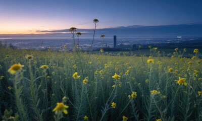 Sunrise over a field of wildflowers with a city skyline