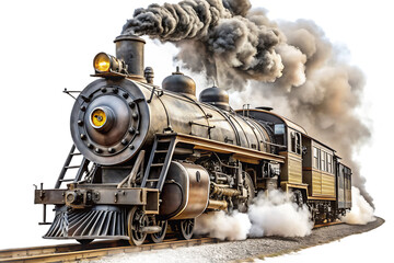 Fototapeta premium A vintage steam train puffing smoke as it travels down the railroad tracks, isolated on transparent background.png