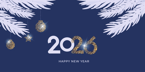 Happy New Year 2026! Winter design on a dark blue background with sparkling balls and numbers, pine branches. Modern banner, greeting card template. Vector illustration.