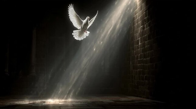 Conceptual scene of the Annunciation where the Holy Spirit appears as a glowing white dove descending in a radiant beam of light toward Mary, symbolizing divine presence, grace, and sacred calling.
