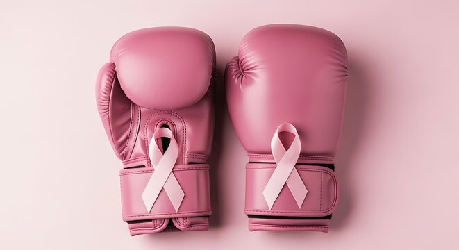 Two pink boxing gloves with breast cancer awareness ribbons on pink back