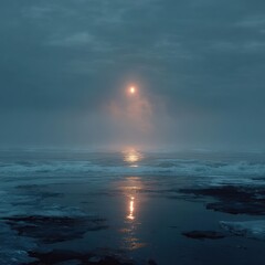 Ethereal moon reflection on misty, icy sea surface