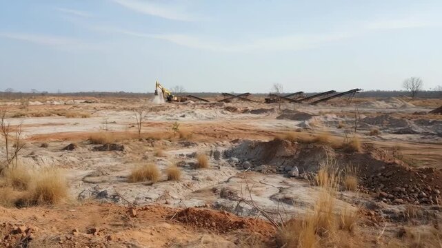 Medium shot of barren land with disturbed soil and sparse vegetation after phosphate mining highlighting land degradation and habitat loss.