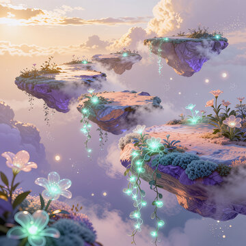 Magical Floating Islands in the Sky with Glowing Flowers

