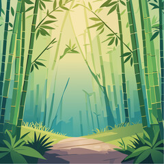 Naklejka premium Bamboo forest path with sunlight filtering through trees