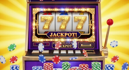 Casino slot machine with jackpot symbols surrounded by colorful poker chips