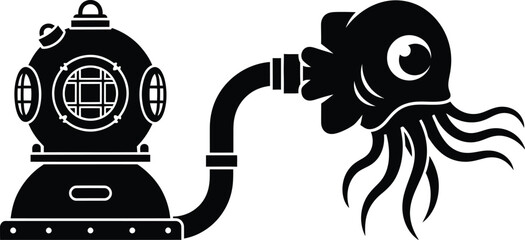 Vintage diving helmet connected to octopus head outline