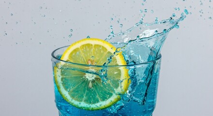 Lemon slice in blue liquid with splashes perfect for summer drink promotions, refreshing beverage concepts, or citrusthemed designs. Refreshing and vibrant visuals for marketing.