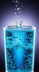 Blue liquid in a glass splashing energetically under purple light  suitable for energy drink or party concept.