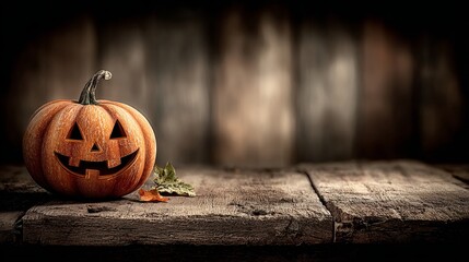 Whimsical pumpkin smiles brightly amidst autumn's festive glow. Vivid gradient. A cheerful jack o'lantern graces a rustic halloween evening, lighting up the night. Visual identity.