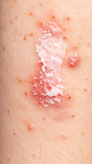 Fototapeta premium Eczema close up skin: Close up unveils raw texture of skin eczema, revealing its discomfort, leaving desire for soothing and healing touch